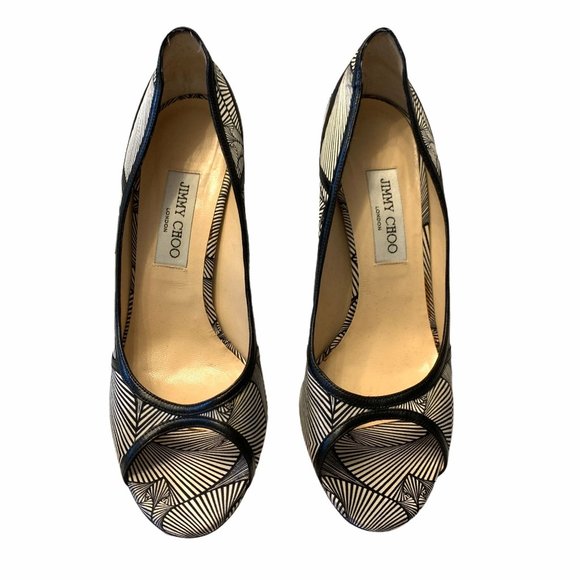 Jimmy Choo Hardy Silk Peep Toe Pumps Art Deco Print Nappa Leather 40.5 1… - Picture 4 of 14